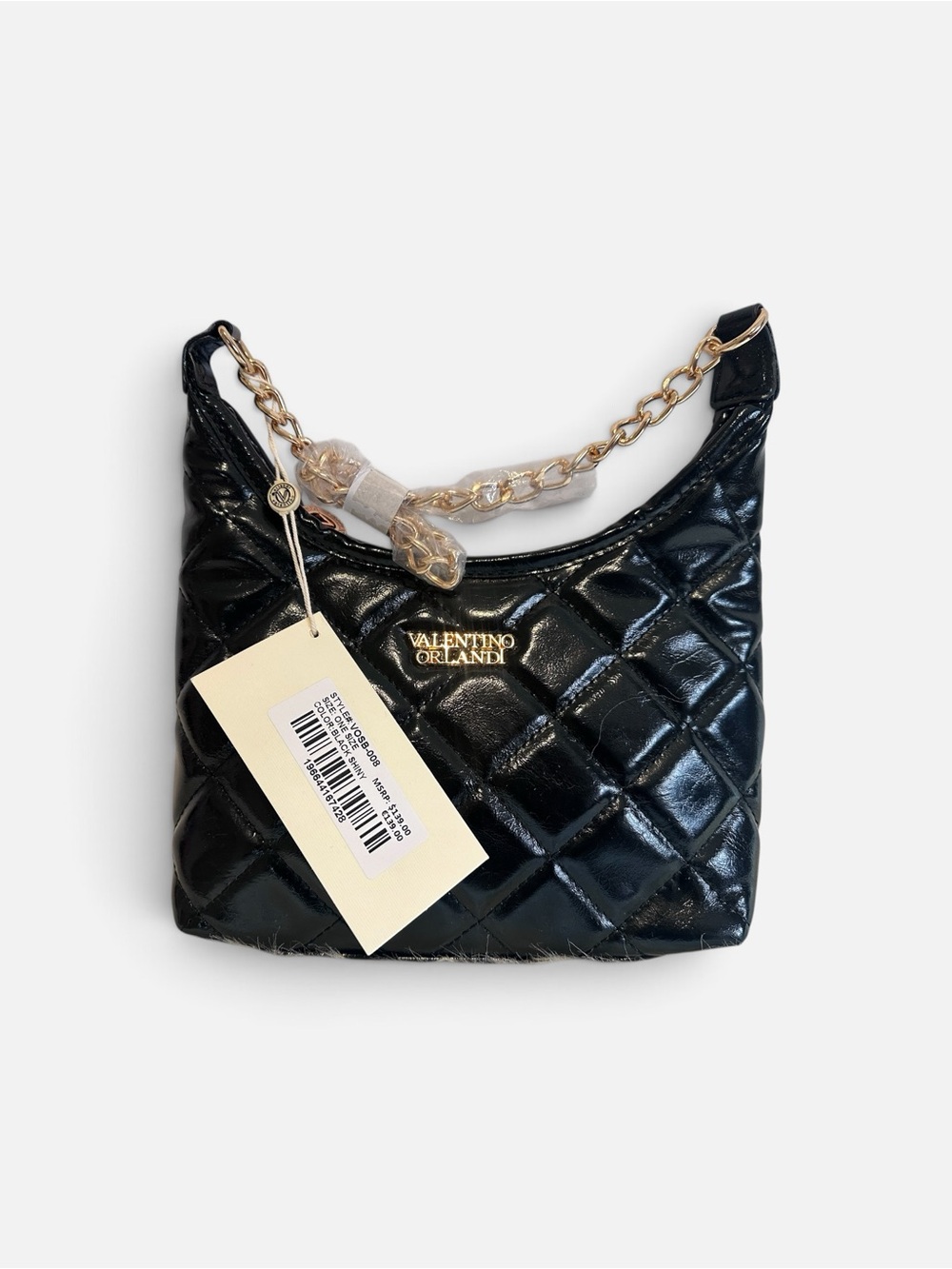 Valentino Orlandi Black Quilted Patent Shoulder Bag with Gold Chain $139